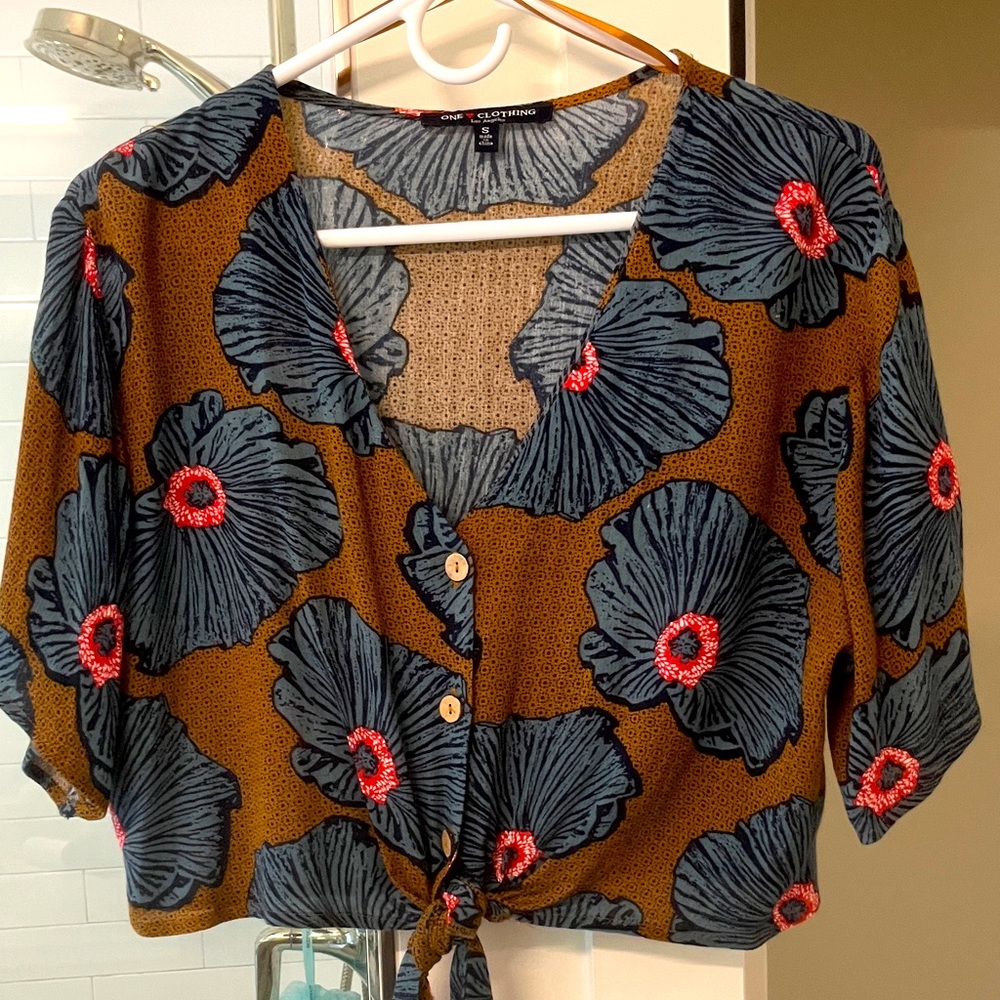 Blue and Brown Floral Crop Blouse